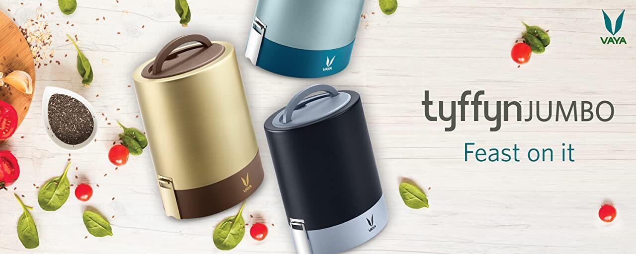 Tyffyn Jumbo Kotak Makan Tengah Hari Keluli Tahan Karat Hitam Digilap Tanpa Bagmat, 1300 ml, 4 Bekas, Hitam