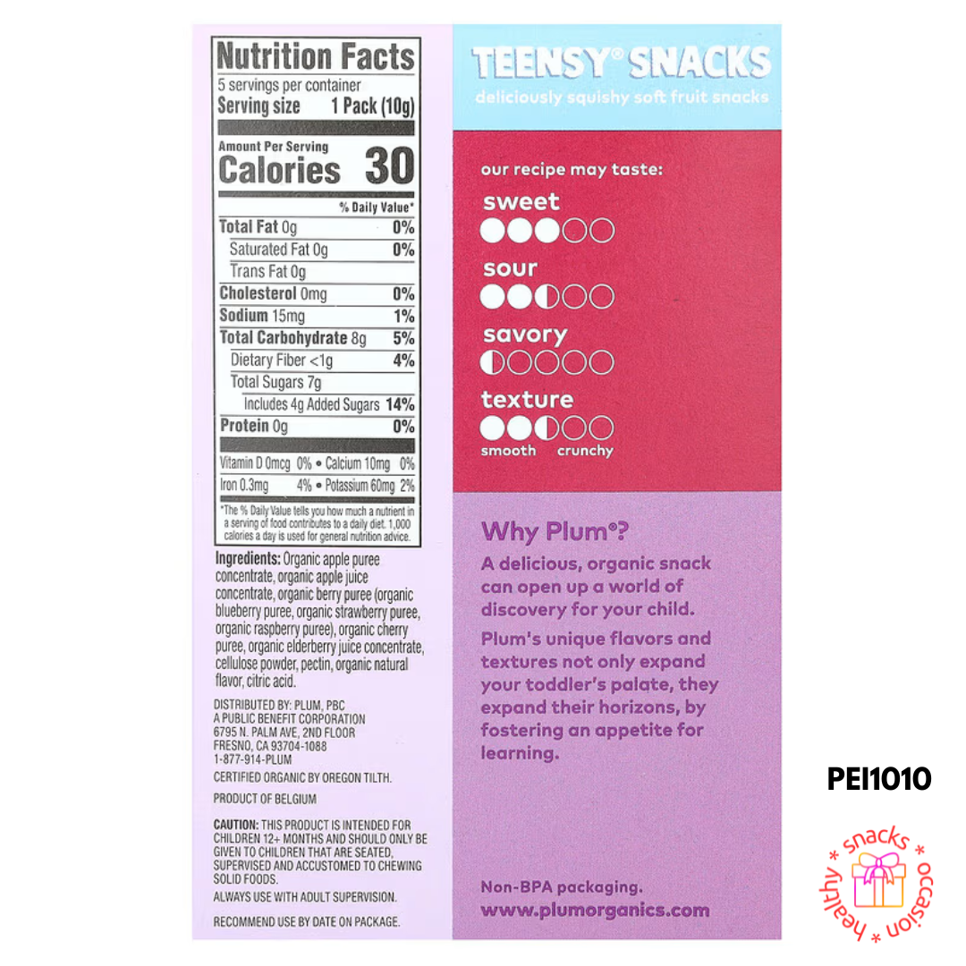 Plum Organics, Teensy Snacks, Soft Fruit Snacks, Tots 12+ Months, Mixed Berry, Set Of 5 Packs