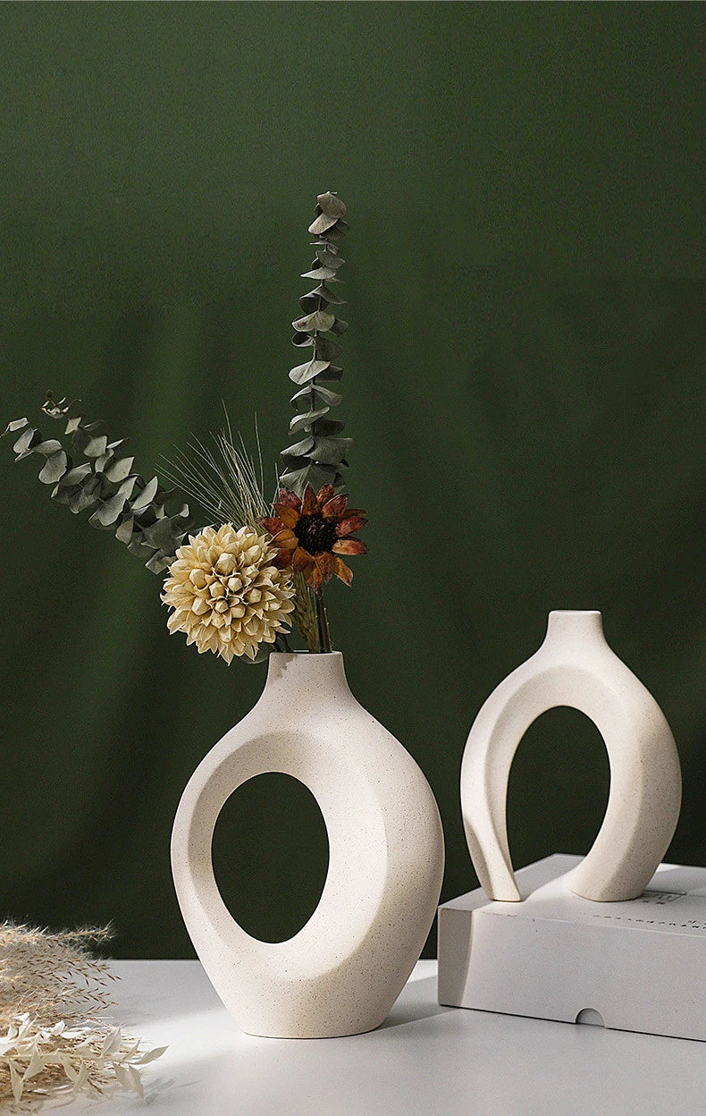 Set of 2 Hollow Nordic Ceramic Vases – Modern Boho Decorative Flower Vases for Home Décor (Black & White)
