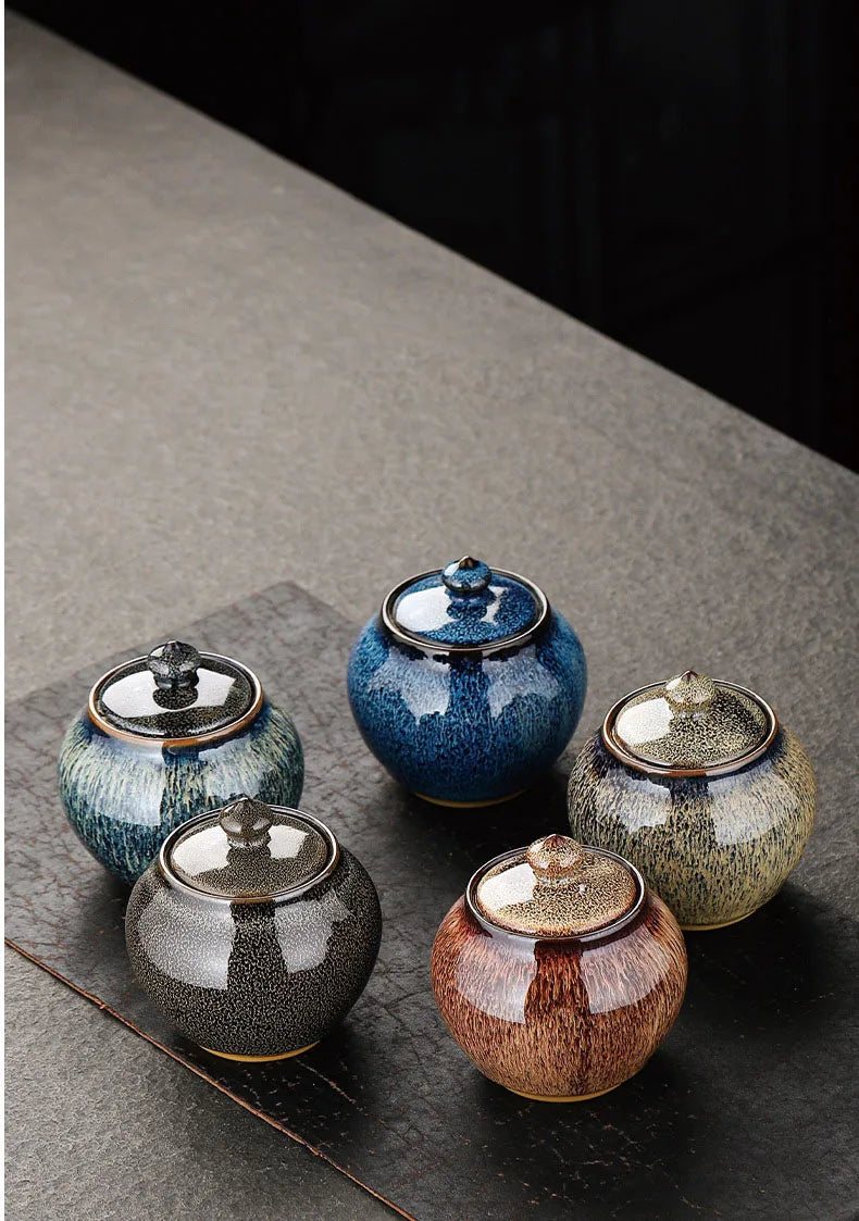 Painted Texture Tea Canister Sealed Ceramic Tea Caddy Storage Jar with Lid Coffee Table Desk Decoration General Jar Candy Can