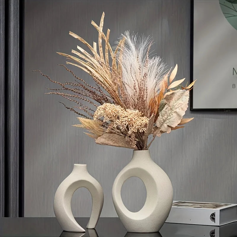 Set of 2 Hollow Nordic Ceramic Vases – Modern Boho Decorative Flower Vases for Home Décor (Black & White)