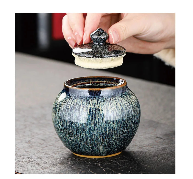 Painted Texture Tea Canister Sealed Ceramic Tea Caddy Storage Jar with Lid Coffee Table Desk Decoration General Jar Candy Can
