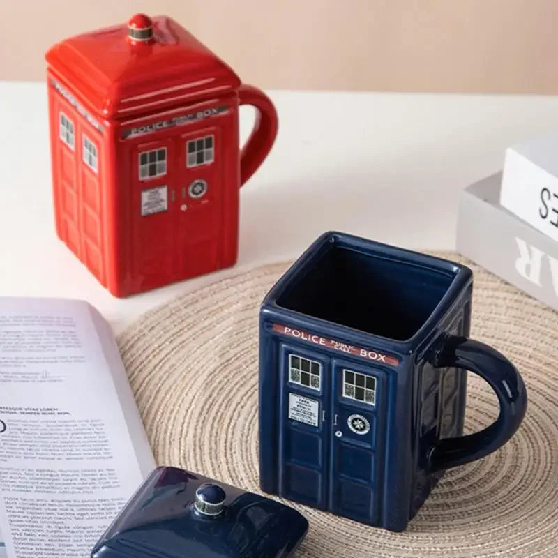 450ml Police Box Ceramic Mug – Fun Coffee & Tea Cup with Lid, Gift Box Included