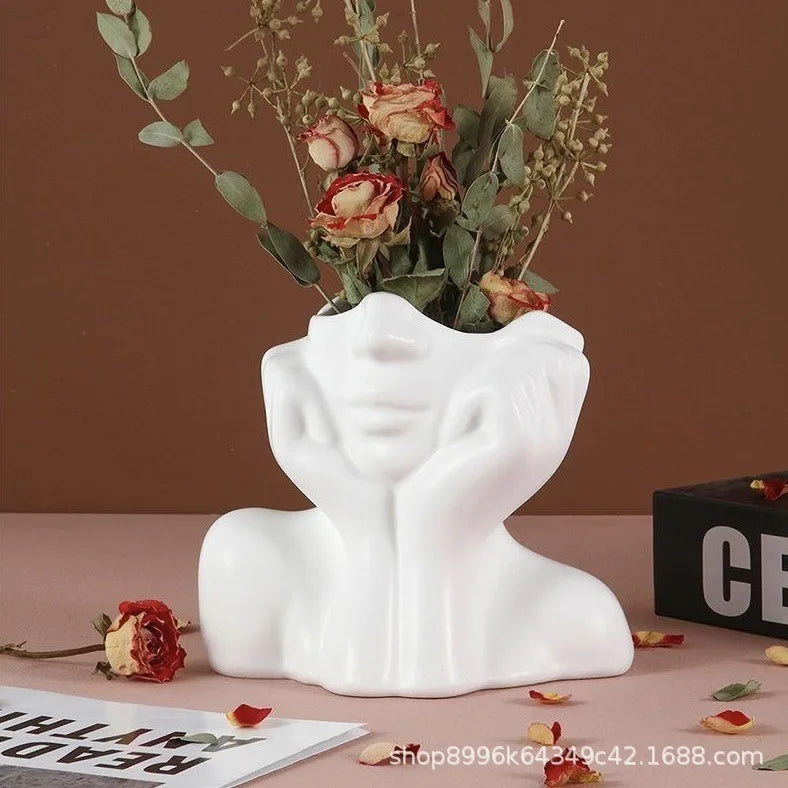 Modern Simple Ceramic Human Face Flower Vase Human Head Plant Flower Pot Nordic Art Flower Creative Vase Home Living Room Decor