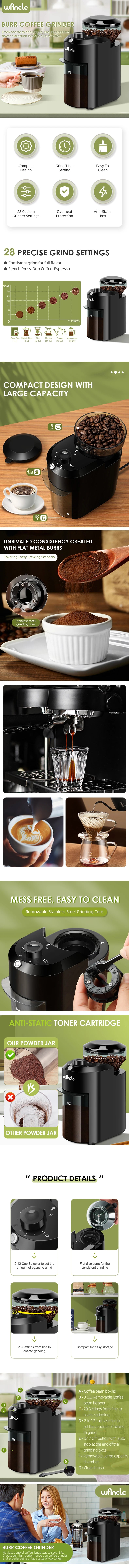 Electric Coffee Grinder Adjustable Burr Mill Coffee Bean Grinding with 28 Grind Settings for French Press Drip Espresso Coffee