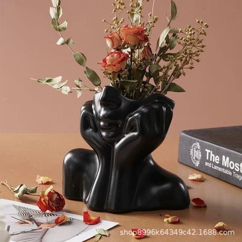 Modern Simple Ceramic Human Face Flower Vase Human Head Plant Flower Pot Nordic Art Flower Creative Vase Home Living Room Decor