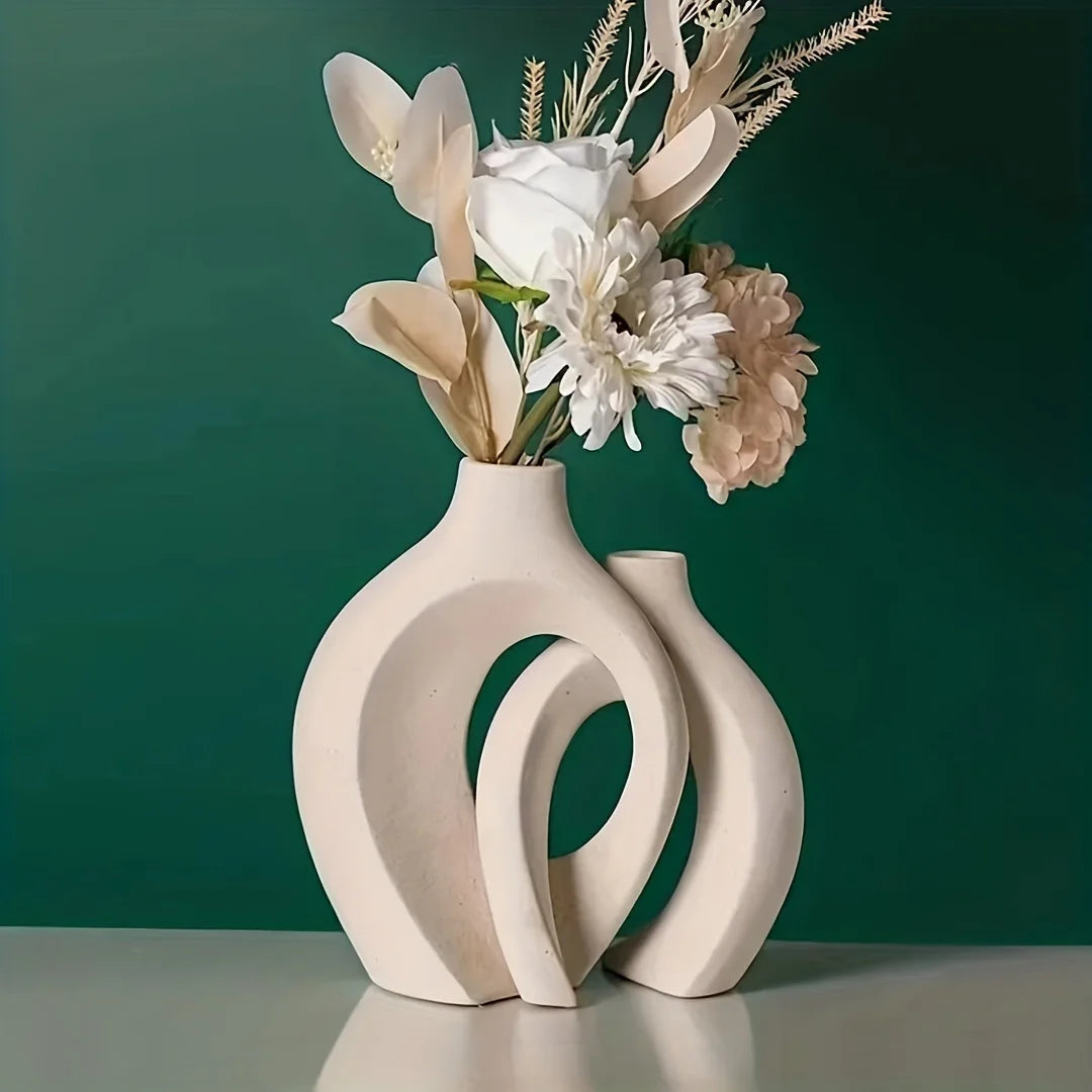 Set of 2 Hollow Nordic Ceramic Vases – Modern Boho Decorative Flower Vases for Home Décor (Black & White)