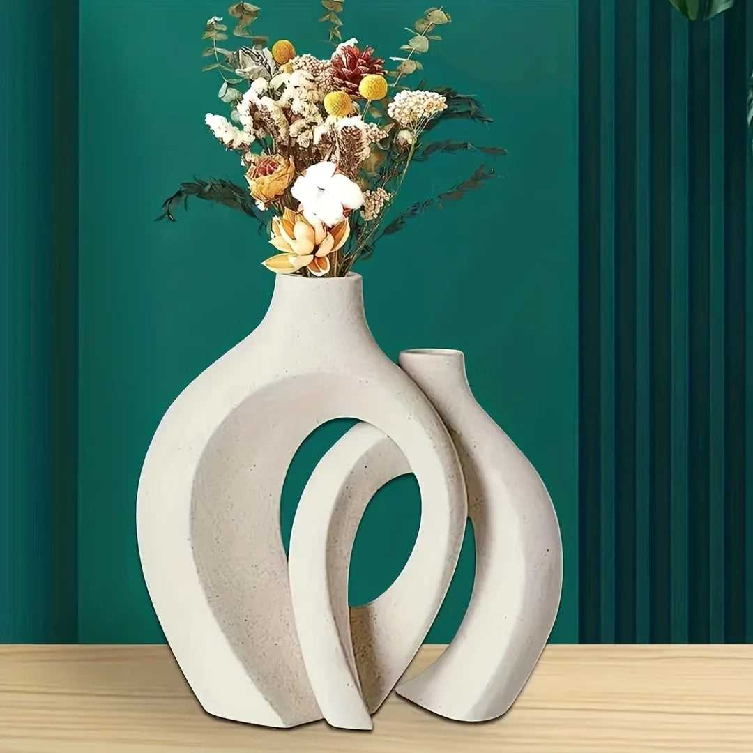 Set of 2 Hollow Nordic Ceramic Vases – Modern Boho Decorative Flower Vases for Home Décor (Black & White)