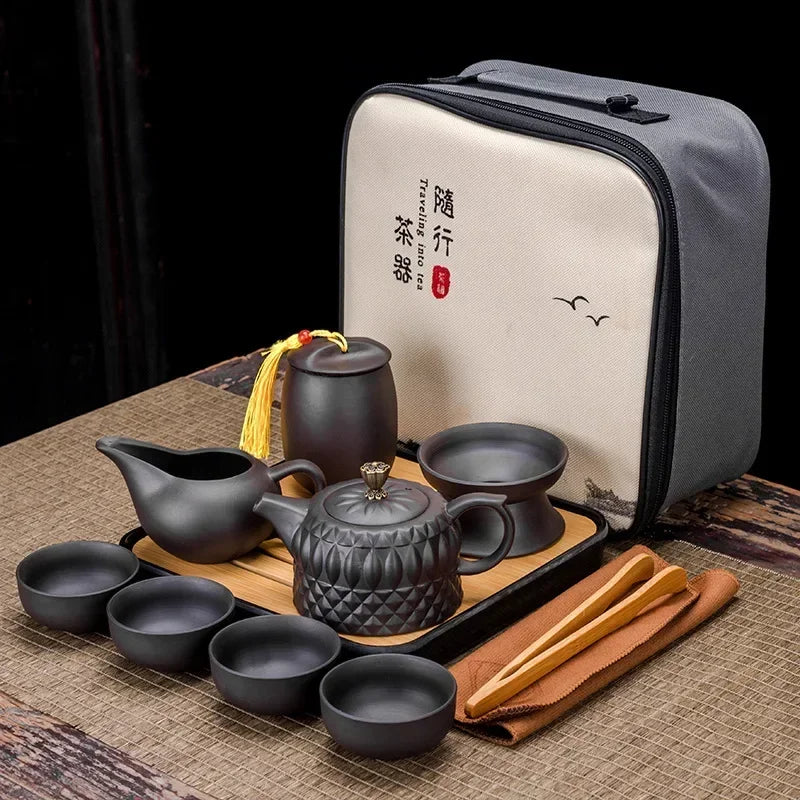 Chinese Kung Fu Tea Set Sand Ceramic Teapot Set Travel Kong Fu Tea Kit Gift Porcelain Purple Sand Pot Infuser Ceramic Tea Set