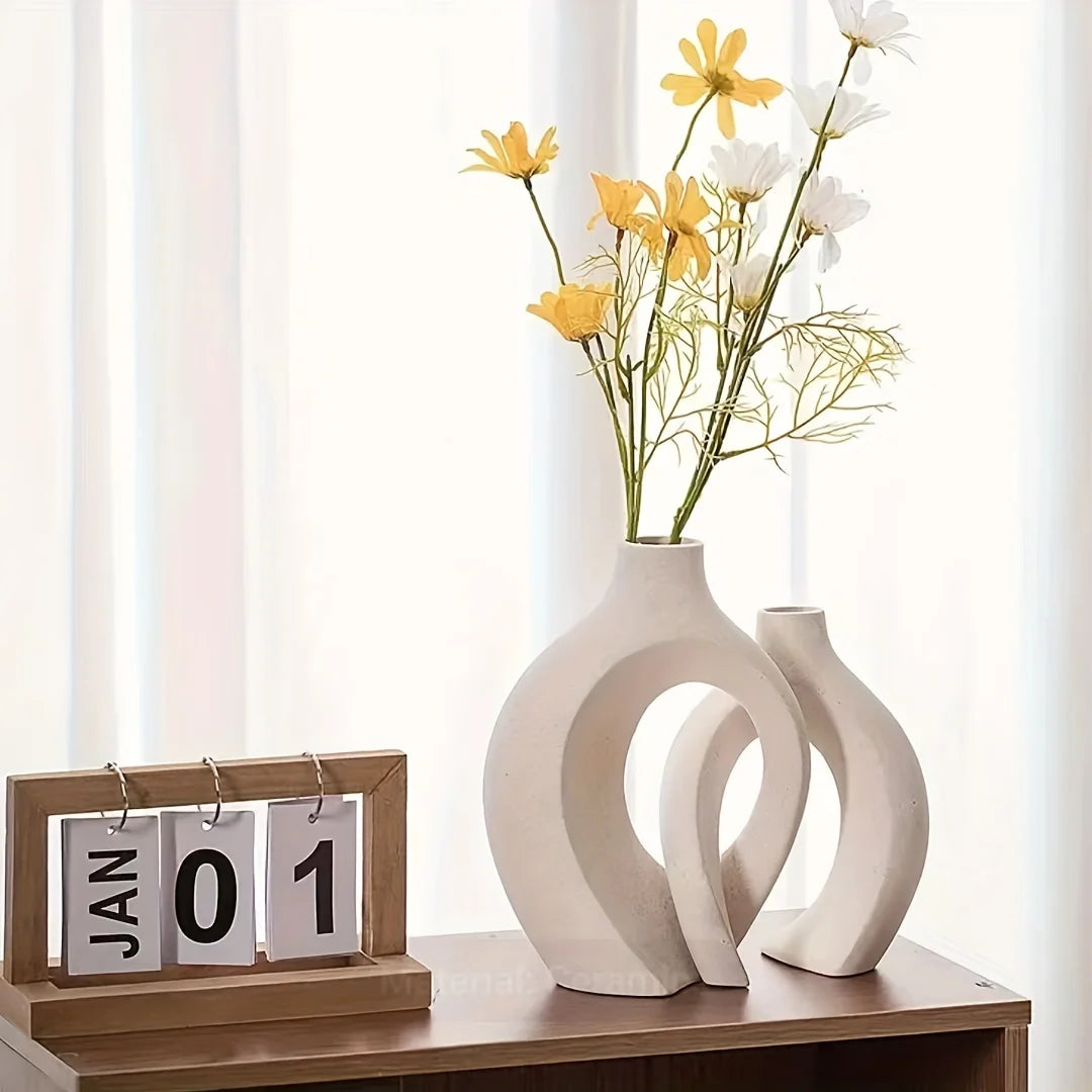 Set of 2 Hollow Nordic Ceramic Vases – Modern Boho Decorative Flower Vases for Home Décor (Black & White)