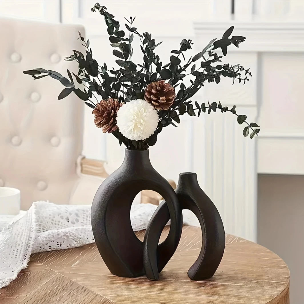 Set of 2 Hollow Nordic Ceramic Vases – Modern Boho Decorative Flower Vases for Home Décor (Black & White)