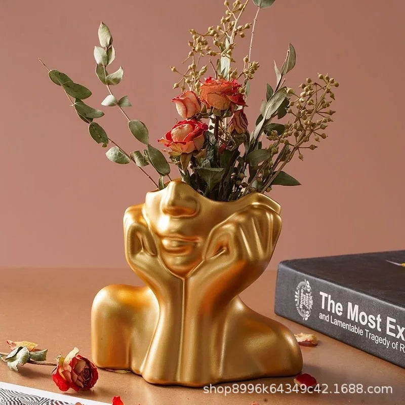 Modern Simple Ceramic Human Face Flower Vase Human Head Plant Flower Pot Nordic Art Flower Creative Vase Home Living Room Decor