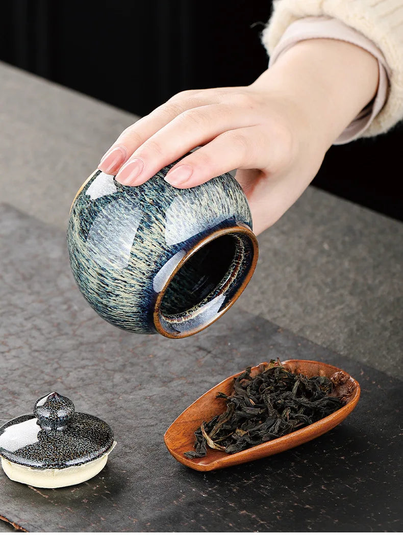 Painted Texture Tea Canister Sealed Ceramic Tea Caddy Storage Jar with Lid Coffee Table Desk Decoration General Jar Candy Can
