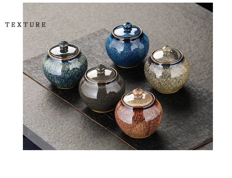 Painted Texture Tea Canister Sealed Ceramic Tea Caddy Storage Jar with Lid Coffee Table Desk Decoration General Jar Candy Can