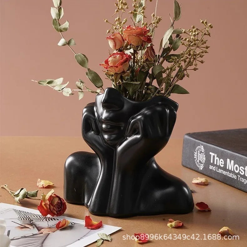 Modern Simple Ceramic Human Face Flower Vase Human Head Plant Flower Pot Nordic Art Flower Creative Vase Home Living Room Decor