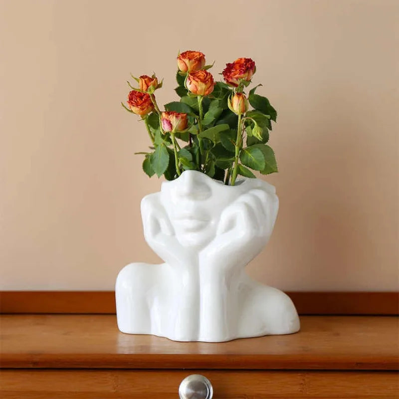 Modern Simple Ceramic Human Face Flower Vase Human Head Plant Flower Pot Nordic Art Flower Creative Vase Home Living Room Decor