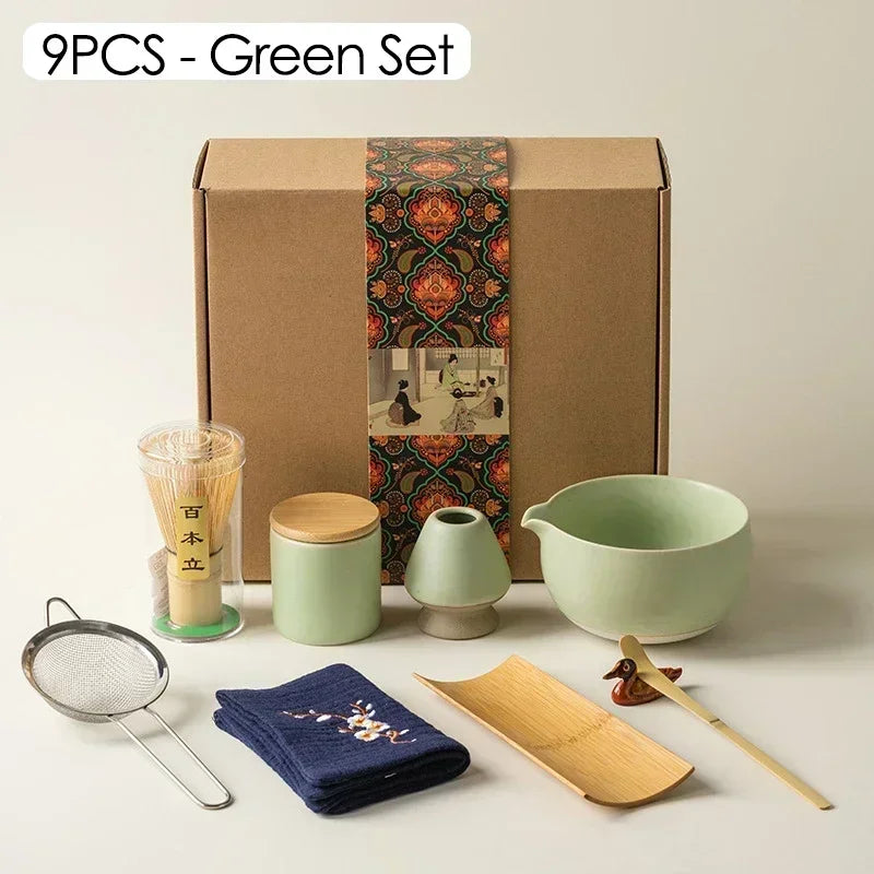 9PCS Japanese Matcha Set with Ceramic Bowl Bamboo Matcha Whisk and Tea Scoop for Tea Lovers Gifts Tea-Making Tools Accessories