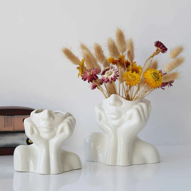 Modern Simple Ceramic Human Face Flower Vase Human Head Plant Flower Pot Nordic Art Flower Creative Vase Home Living Room Decor
