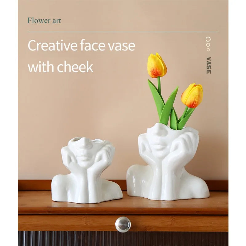 Modern Simple Ceramic Human Face Flower Vase Human Head Plant Flower Pot Nordic Art Flower Creative Vase Home Living Room Decor