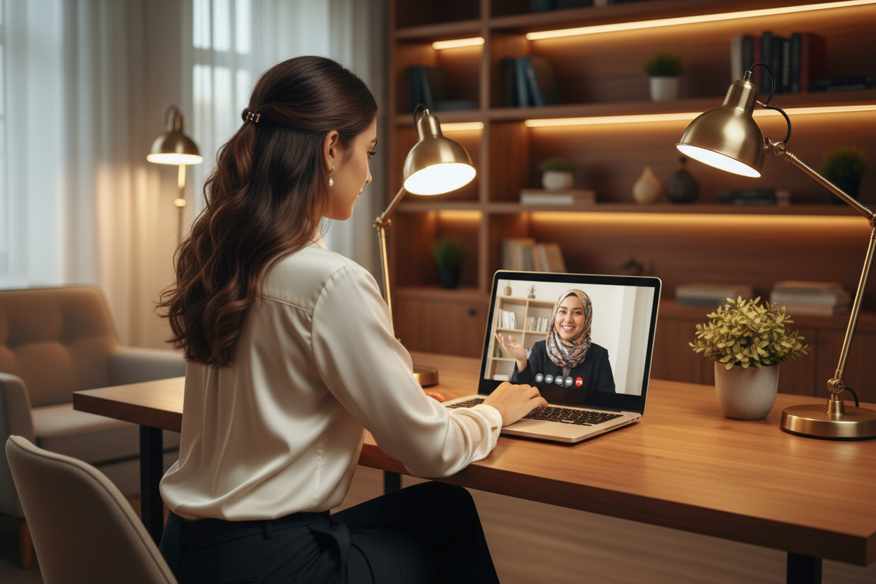 "Realistic backshot of a fair Indian woman with wavy brunette hair in smart casual attire, on a video call with a cheerful Malay woman on her laptop screen. Warm, friendly, professional vibe in a cozy corporate setting with wooden furniture and soft lighting. No text."