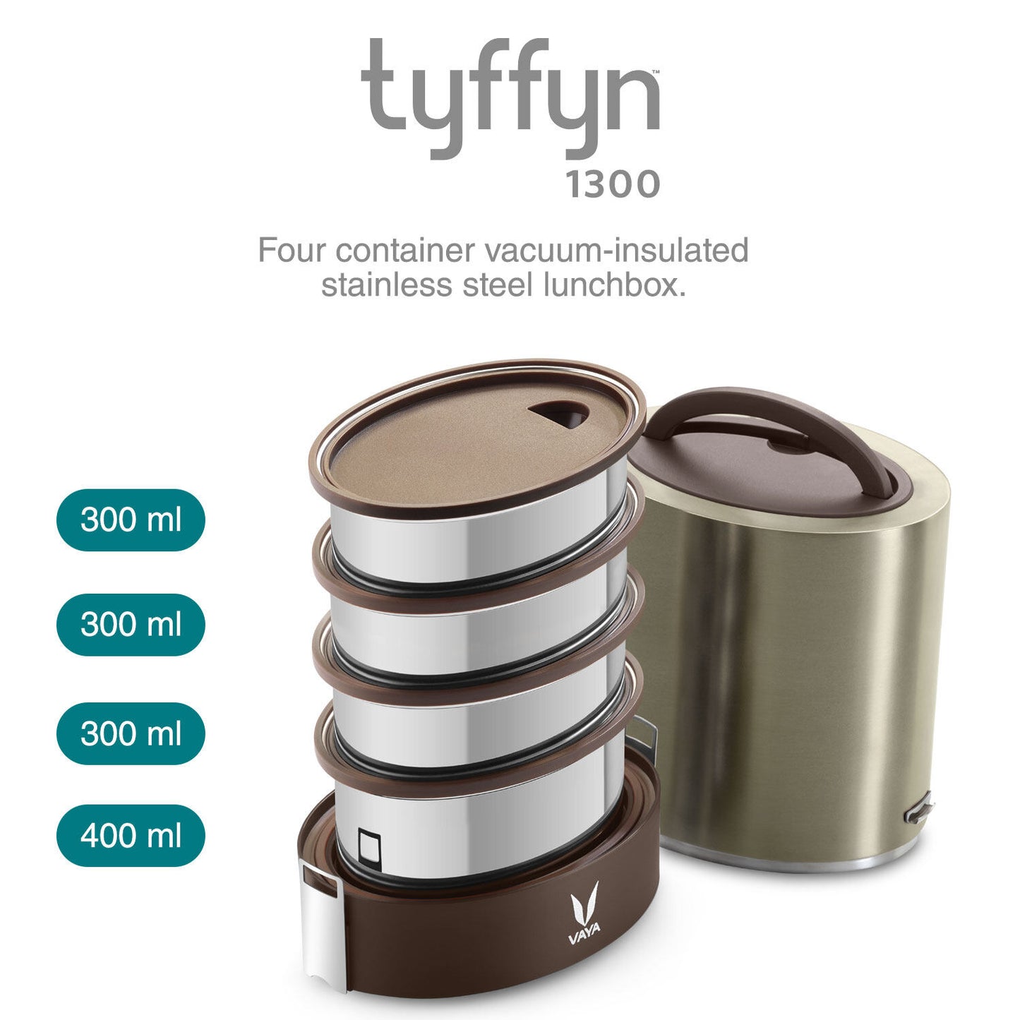 Tyffyn Jumbo Black Polished Stainless Steel Lunch Box Without Bagmat, 1300 ml, 4 Containers, Black