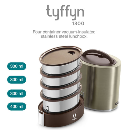 Tyffyn Jumbo Black Polished Stainless Steel Lunch Box Without Bagmat, 1300 ml, 4 Containers, Black