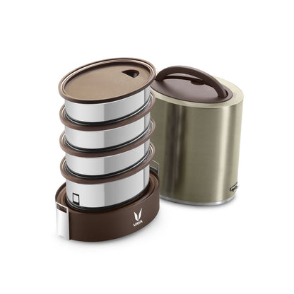 Tyffyn Jumbo Black Polished Stainless Steel Lunch Box Without Bagmat, 1300 ml, 4 Containers, Black