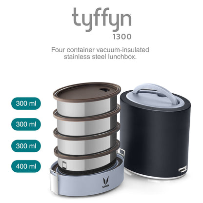 Tyffyn Jumbo Black Polished Stainless Steel Lunch Box Without Bagmat, 1300 ml, 4 Containers, Black