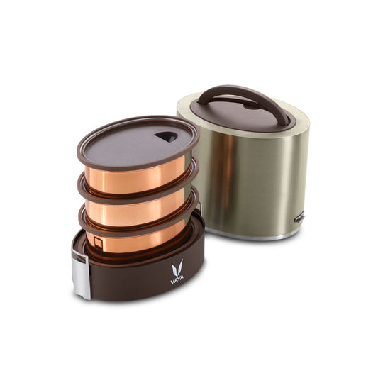 Tyffyn Copper Finished Stainless Steel Lunch Box Without BagMat, 1000 ml, 3 Containers