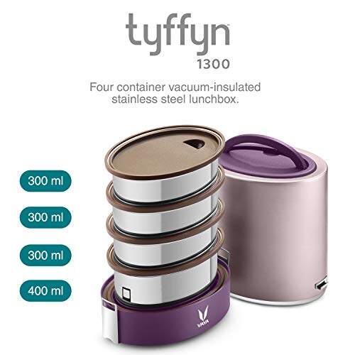 Tyffyn Jumbo Black Polished Stainless Steel Lunch Box Without Bagmat, 1300 ml, 4 Containers, Black