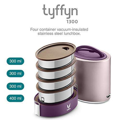 Tyffyn Jumbo Black Polished Stainless Steel Lunch Box Without Bagmat, 1300 ml, 4 Containers, Black