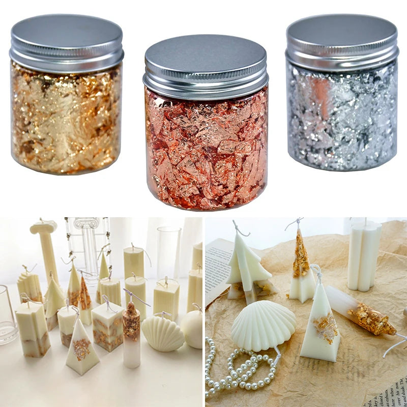 Gold, Silver & Rose Gold Foil Flakes – 1g-3g Metallic Leaf for DIY Candle Making, Crafts & Decorations