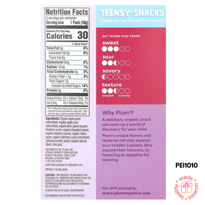 Plum Organics, Teensy Snacks, Soft Fruit Snacks, Tots 12+ Months, Mixed Berry, Set Of 5 Packs