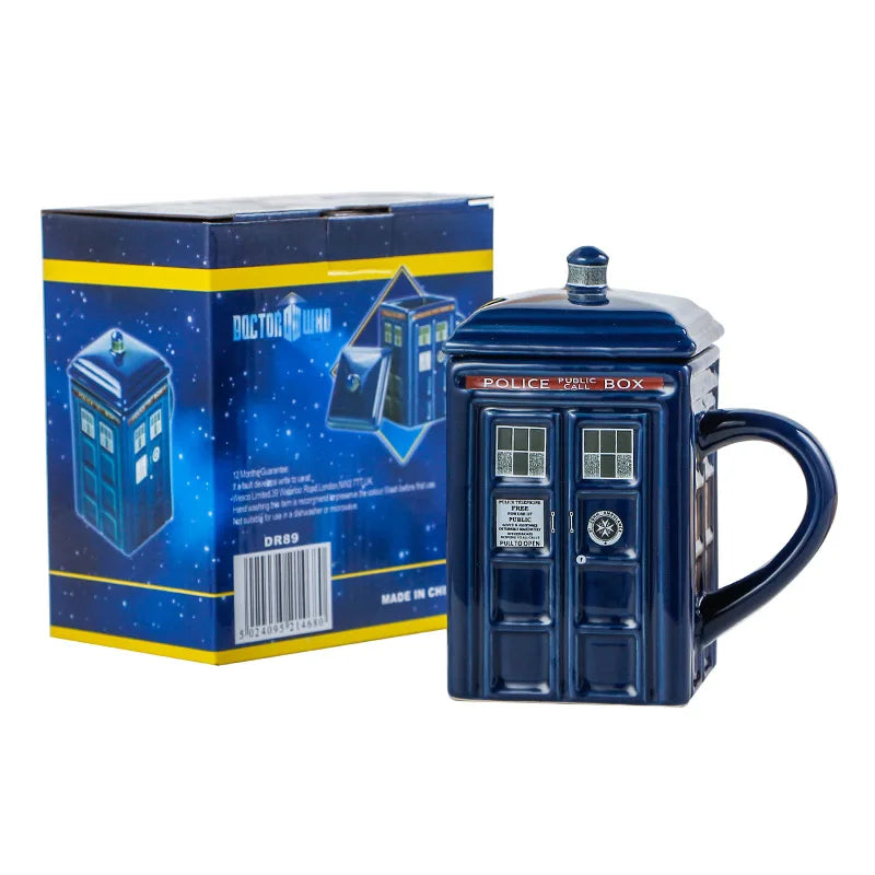 450ml Police Box Ceramic Mug – Fun Coffee & Tea Cup with Lid, Gift Box Included