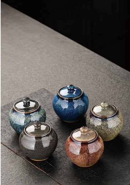 Painted Texture Tea Canister Sealed Ceramic Tea Caddy Storage Jar with Lid Coffee Table Desk Decoration General Jar Candy Can