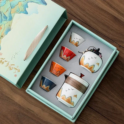 Elegant Chinese-Style Ceramic Tea Set – 4 Cups, Teapot & Tea Canister in Gift Box