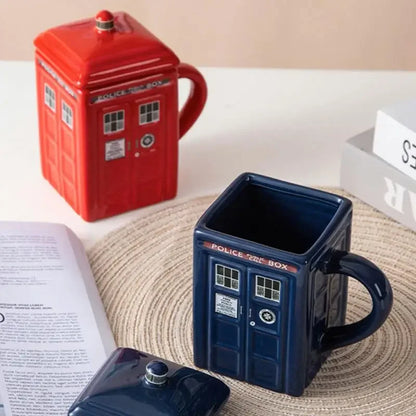 450ml Police Box Ceramic Mug – Fun Coffee & Tea Cup with Lid, Gift Box Included