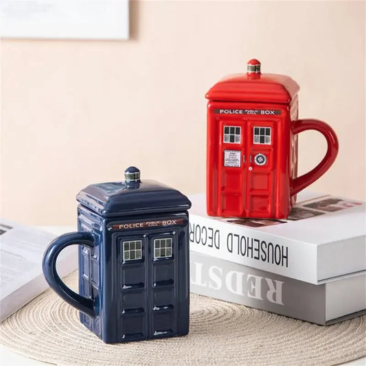 450ml Police Box Ceramic Mug – Fun Coffee & Tea Cup with Lid, Gift Box Included