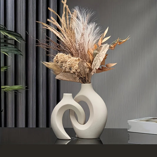 Set of 2 Hollow Nordic Ceramic Vases – Modern Boho Decorative Flower Vases for Home Décor (Black & White)