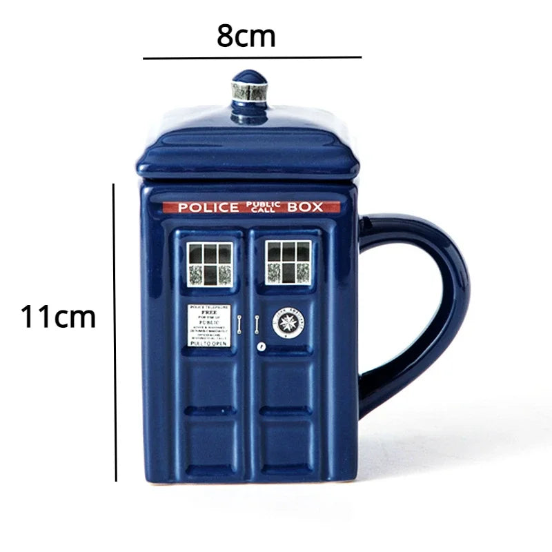 450ml Police Box Ceramic Mug – Fun Coffee & Tea Cup with Lid, Gift Box Included