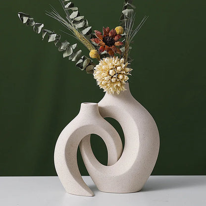 Set of 2 Hollow Nordic Ceramic Vases – Modern Boho Decorative Flower Vases for Home Décor (Black & White)