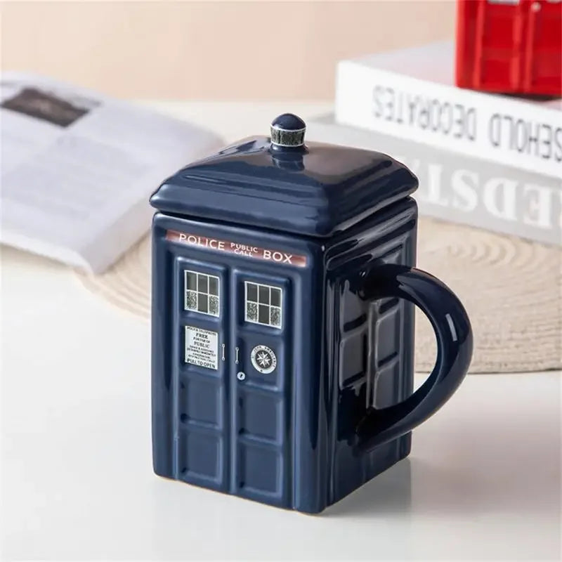 450ml Police Box Ceramic Mug – Fun Coffee & Tea Cup with Lid, Gift Box Included