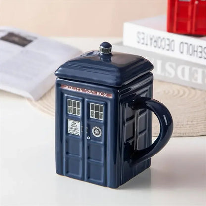 450ml Police Box Ceramic Mug – Fun Coffee & Tea Cup with Lid, Gift Box Included