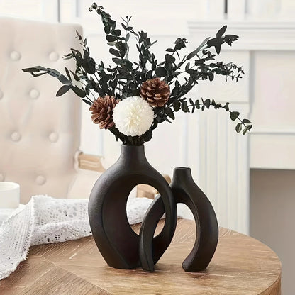 Set of 2 Hollow Nordic Ceramic Vases – Modern Boho Decorative Flower Vases for Home Décor (Black & White)