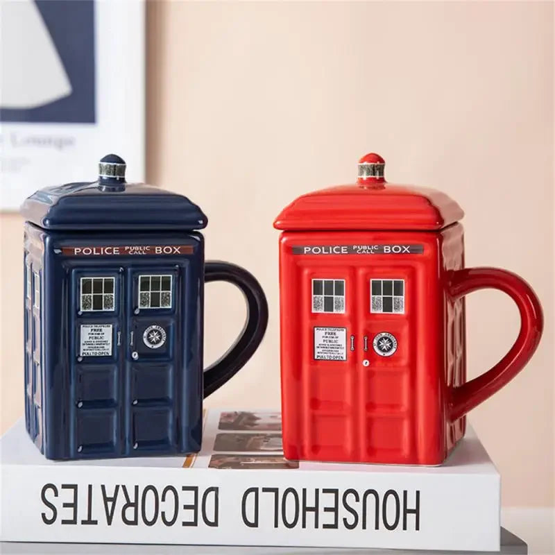 450ml Police Box Ceramic Mug – Fun Coffee & Tea Cup with Lid, Gift Box Included