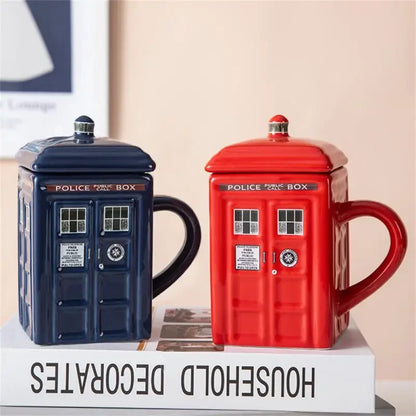 450ml Police Box Ceramic Mug – Fun Coffee & Tea Cup with Lid, Gift Box Included