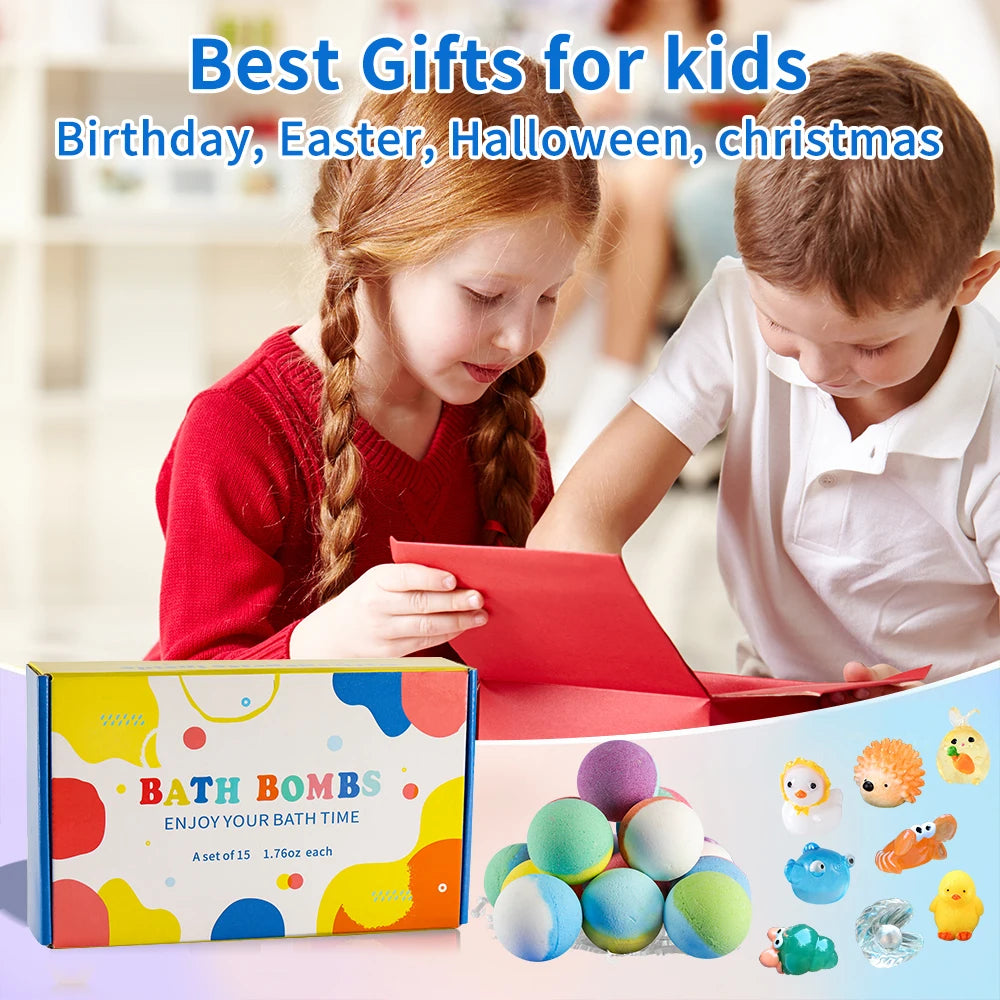 15-Pack Kids Bath Bombs with Surprise Toy Inside – Natural & Organic Bubble Bath Gift Set