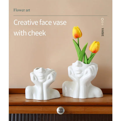 Modern Simple Ceramic Human Face Flower Vase Human Head Plant Flower Pot Nordic Art Flower Creative Vase Home Living Room Decor