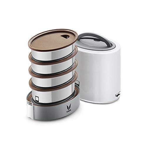 Tyffyn Jumbo Black Polished Stainless Steel Lunch Box Without Bagmat, 1300 ml, 4 Containers, Black