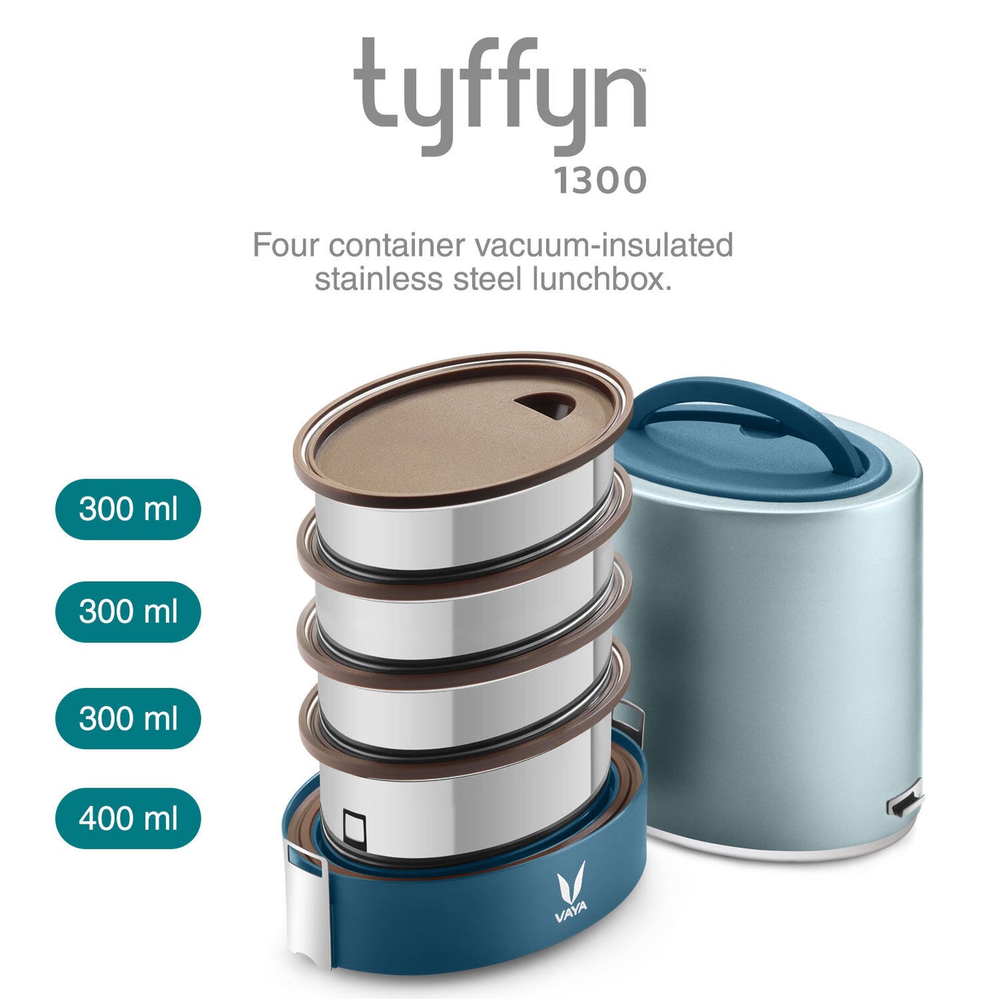 Tyffyn Jumbo Black Polished Stainless Steel Lunch Box Without Bagmat, 1300 ml, 4 Containers, Black